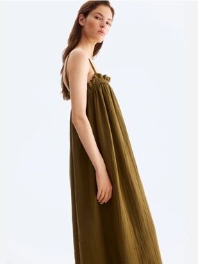 H&M Dark Khaki Green Strappy Gauzy Midi Dress